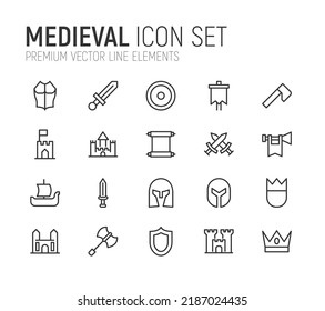 Simple line set of medieval icons. Premium quality objects. Vector signs isolated on a white background. Pack of medieval pictograms.
