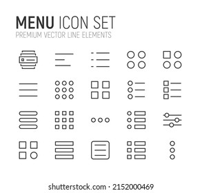 Simple line set of menu icons. Premium quality objects. Vector signs isolated on a white background. Pack of menu pictograms.
