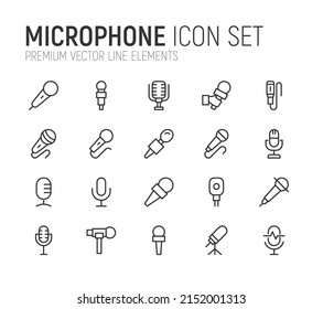 Simple line set of microphone icons. Premium quality objects. Vector signs isolated on a white background. Pack of microphone pictograms.