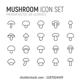 Simple line set of mushroom icons. Premium quality objects. Vector signs isolated on a white background. Pack of mushroom pictograms.