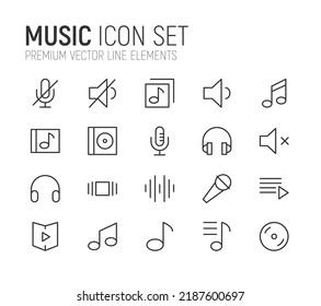 Einfache Line-Set von Musiksymbolen. Qualitativ hochwertige Objekte. Vektorzeichen einzeln auf weißem Hintergrund. Paket mit Musikpiktogrammen.