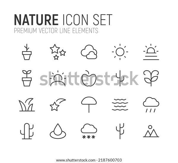 Simple line set of nature icons. Premium\
quality objects. Vector signs isolated on a white background. Pack\
of nature pictograms.