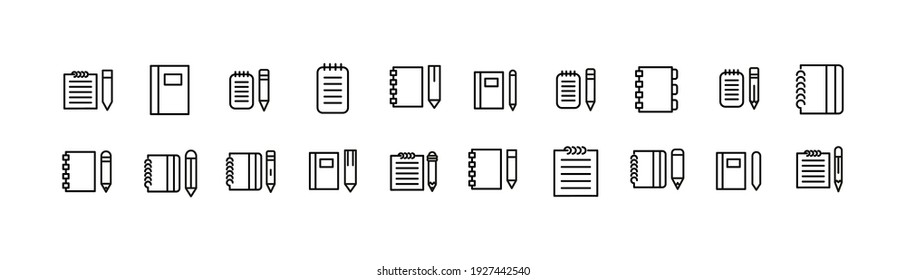 Simple line set of notebook icons. Premium quality objects. Vector signs isolated on a white background. Pack of notebook pictograms.
