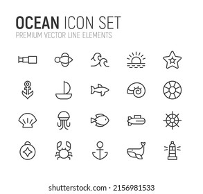 Simple line set of ocean icons. Premium quality objects. Vector signs isolated on a white background. Pack of ocean pictograms.