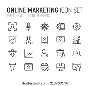 Simple line set of online marketing icons. Premium quality objects. Vector signs isolated on a white background. Pack of online marketing pictograms.