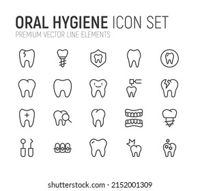 Simple line set of oral hygiene icons. Premium quality objects. Vector signs isolated on a white background. Pack of oral hygiene pictograms.