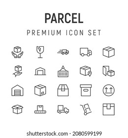 Simple line set of parcel icons. Premium quality objects. Vector signs isolated on a white background. Pack of parcel pictograms.