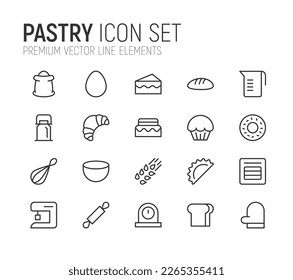 Simple line set of pastry icons. Premium quality objects. Vector signs isolated on a white background. Pack of pastry pictograms.
