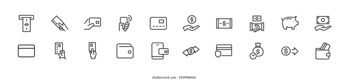 Simple line set of payment icons. Premium quality objects. Vector signs isolated on a white background. Pack of payment pictograms.