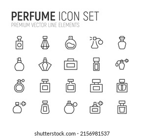 Simple line set of perfume icons. Premium quality objects. Vector signs isolated on a white background. Pack of perfume pictograms.