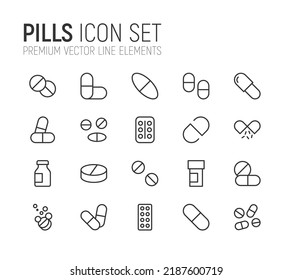 Simple line set of pills icons. Premium quality objects. Vector signs isolated on a white background. Pack of pills pictograms.