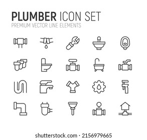 Simple line set of plumber icons. Premium quality objects. Vector signs isolated on a white background. Pack of plumber pictograms.