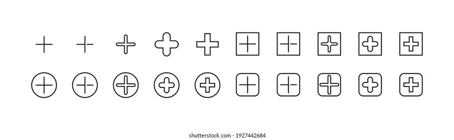 Simple line set of plus icons. Premium quality objects. Vector signs isolated on a white background. Pack of plus pictograms.