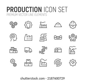 Simple line set of production icons. Premium quality objects. Vector signs isolated on a white background. Pack of production pictograms.