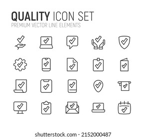 Simple line set of quality icons. Premium quality objects. Vector signs isolated on a white background. Pack of quality pictograms.