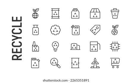 Simple line set of recycle icons. Premium quality objects. Vector signs isolated on a white background. Pack of recycle pictograms.