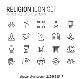 Simple line set of religion icons. Premium quality objects. Vector signs isolated on a white background. Pack of religion pictograms.