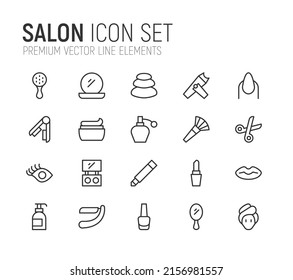 Simple line set of salon icons. Premium quality objects. Vector signs isolated on a white background. Pack of salon pictograms.