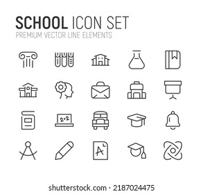 Conjunto simple de líneas de iconos escolares. Objetos de primera calidad. Señales vectoriales aisladas en un fondo blanco. Paquete de pictogramas escolares.