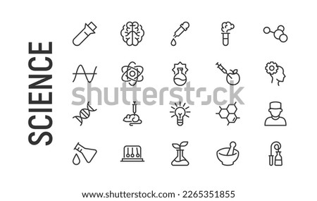 Simple line set of science icons. Premium quality objects. Vector signs isolated on a white background. Pack of science pictograms.