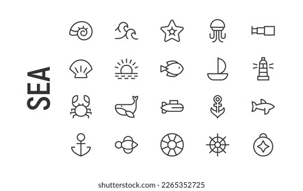 Simple line set of sea icons. Premium quality objects. Vector signs isolated on a white background. Pack of sea pictograms.