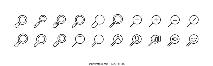 Conjunto simple de líneas de iconos de búsqueda. Objetos de primera calidad. Señales vectoriales aisladas en un fondo blanco. Paquete de pictogramas de búsqueda.