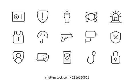 Conjunto simple de líneas de iconos de seguridad. Objetos de primera calidad. Señales vectoriales aisladas en un fondo blanco. Paquete de pictogramas de seguridad.