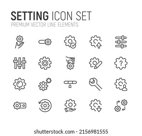 Conjunto simple de líneas de configuración de iconos. Objetos de primera calidad. Señales vectoriales aisladas en un fondo blanco. Paquete de pictogramas de ajuste.