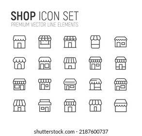 Conjunto simple de líneas de iconos de tienda. Objetos de primera calidad. Señales vectoriales aisladas en un fondo blanco. Envase de pictogramas de la tienda.