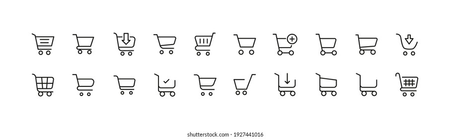 Conjunto simple de líneas de iconos del carro de la compra. Objetos de primera calidad. Señales vectoriales aisladas en un fondo blanco. Paquete de pictogramas de carritos de la compra.