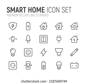 Conjunto simple de líneas de iconos inteligentes para el hogar. Objetos de primera calidad. Señales vectoriales aisladas en un fondo blanco. Paquete de pictogramas para el hogar inteligente.