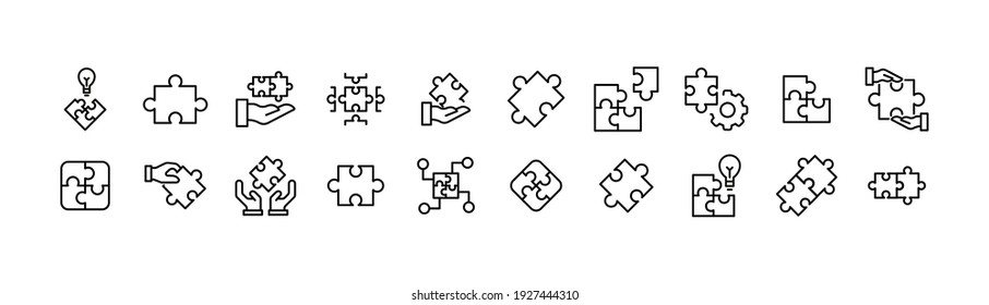 Simple line set of solution icons. Premium quality objects. Vector signs isolated on a white background. Pack of puzzle pictograms.