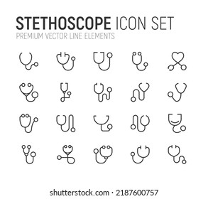 Conjunto simple de líneas de iconos de estetoscopio. Objetos de primera calidad. Señales vectoriales aisladas en un fondo blanco. Envase con pictogramas de estetoscopio.