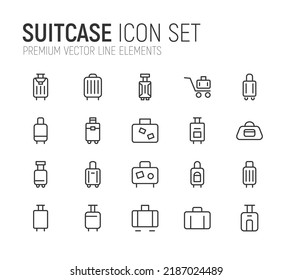 Conjunto simple de líneas de iconos de maleta. Objetos de primera calidad. Señales vectoriales aisladas en un fondo blanco. Envase con pictogramas de maleta.