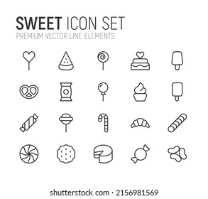 Simple line set of sweet icons. Premium quality objects. Vector signs isolated on a white background. Pack of sweet pictograms.