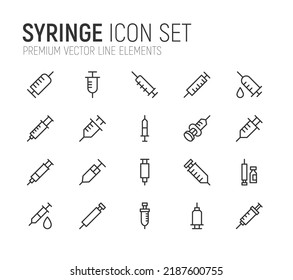 Einfache Zusammenstellung von Spritze-Symbolen. Qualitativ hochwertige Objekte. Vektorzeichen einzeln auf weißem Hintergrund. Packung mit Piktogrammen in der Spritze.