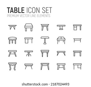Conjunto simple de líneas de iconos de tabla. Objetos de primera calidad. Señales vectoriales aisladas en un fondo blanco. Envase de pictogramas de tabla.