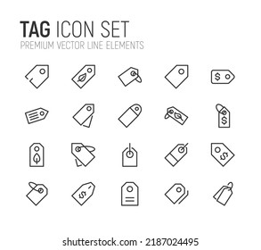 Simple line set of tag icons. Premium quality objects. Vector signs isolated on a white background. Pack of tag pictograms.