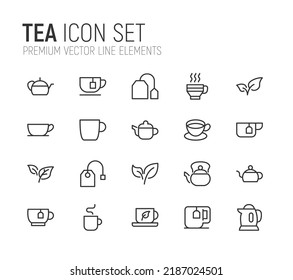 Simple line set of tea icons. Premium quality objects. Vector signs isolated on a white background. Pack of tea pictograms.