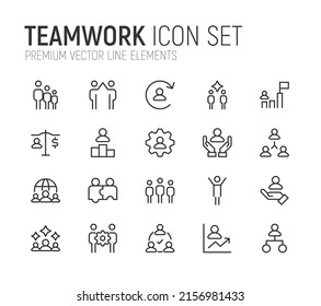 Conjunto simple de líneas de iconos de trabajo en equipo. Objetos de primera calidad. Señales vectoriales aisladas en un fondo blanco. Envase de pictogramas de trabajo en equipo.