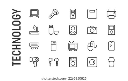 Simple line set of technology icons. Premium quality objects. Vector signs isolated on a white background. Pack of technology pictograms.