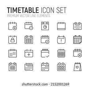 Conjunto simple de líneas de iconos de horarios. Objetos de primera calidad. Señales vectoriales aisladas en un fondo blanco. Paquete de pictogramas de horarios.
