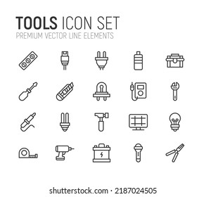Simple line set of tools icons. Premium quality objects. Vector signs isolated on a white background. Pack of tools pictograms.