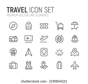 Simple Line Set Of Travel Icons. Premium Quality Objects. Vector Signs Isolated On A White Background. Pack Of Travel Pictograms.