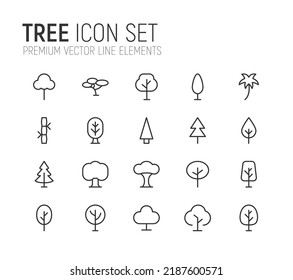 Conjunto simple de líneas de iconos de árbol. Objetos de primera calidad. Señales vectoriales aisladas en un fondo blanco. Paquete de pictogramas de árbol.