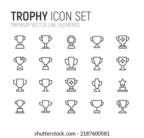 Conjunto simple de líneas de iconos de trofeo. Objetos de primera calidad. Señales vectoriales aisladas en un fondo blanco. Envase de pictogramas de trofia.
