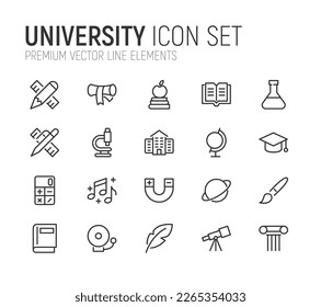 Simple line set of university icons. Premium quality objects. Vector signs isolated on a white background. Pack of university pictograms.