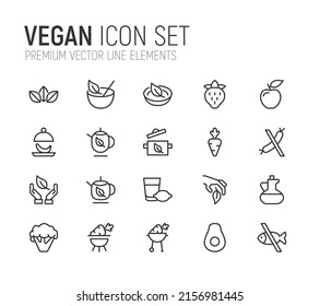 Simple line set of vegan icons. Premium quality objects. Vector signs isolated on a white background. Pack of vegan pictograms.