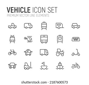 Simple line set of vehicle icons. Premium quality objects. Vector signs isolated on a white background. Pack of vehicle pictograms.