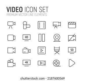 Simple line set of video icons. Premium quality objects. Vector signs isolated on a white background. Pack of video pictograms.